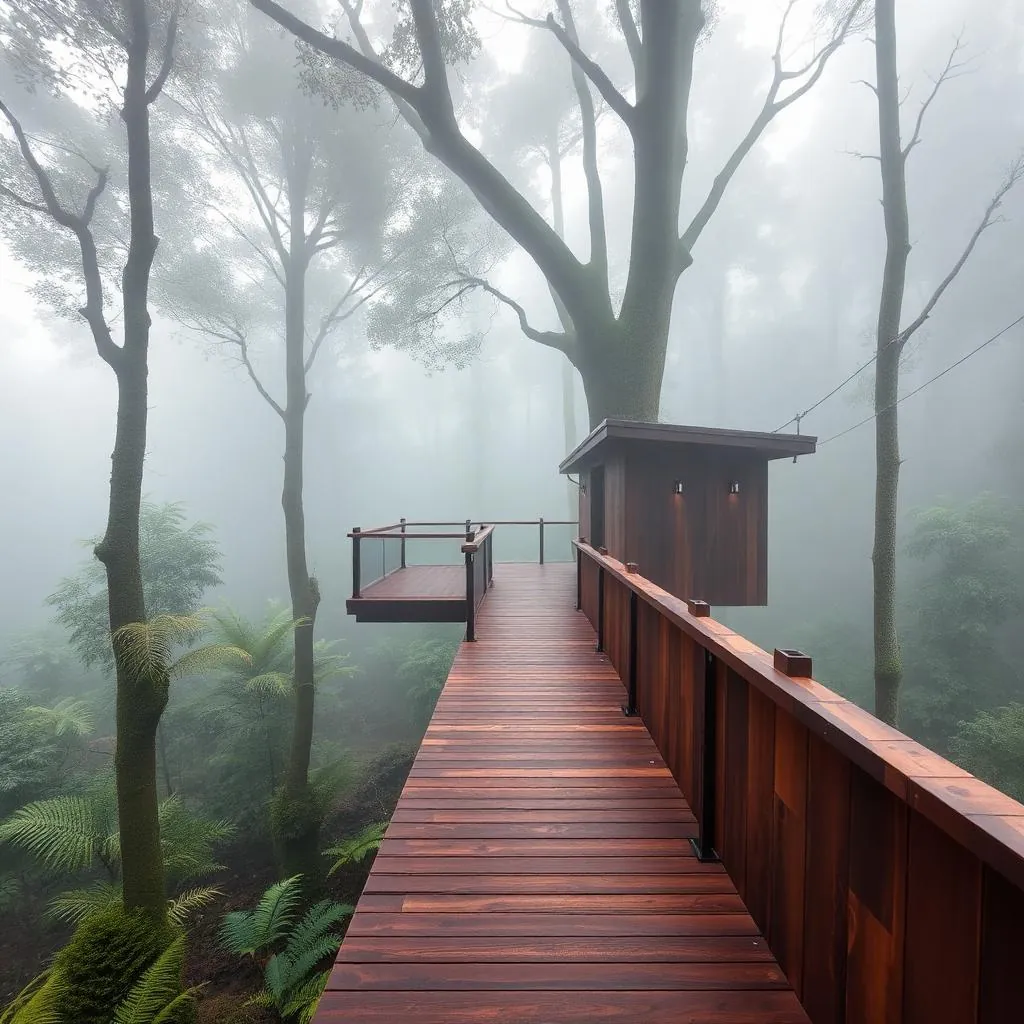 Cantilevered ipe hardwood deck of AURORA over misty forest floor