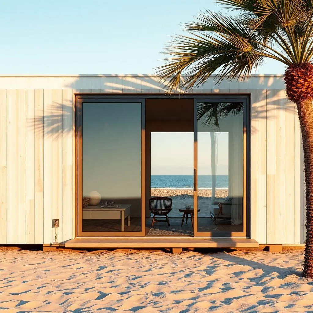 MERIDIAN sliding glass beach doors open onto sand with palm shadows