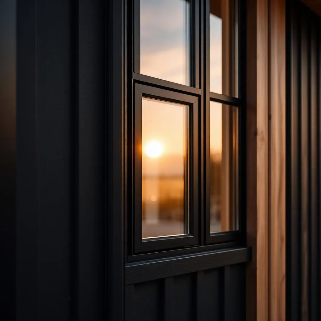 Detail of ODYSSEY window mullion and oak cladding at golden hour