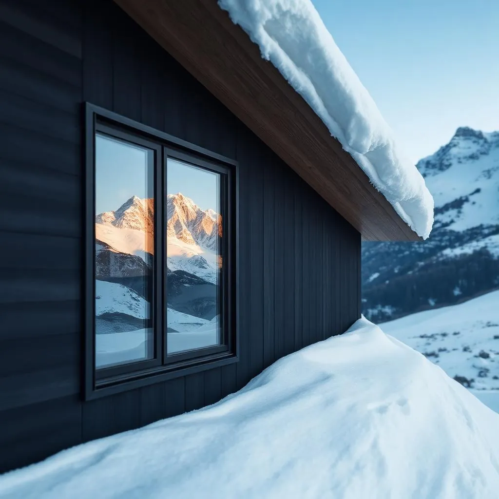 Snow-covered ZENITH roof edge with triple-glazed window reflecting peaks