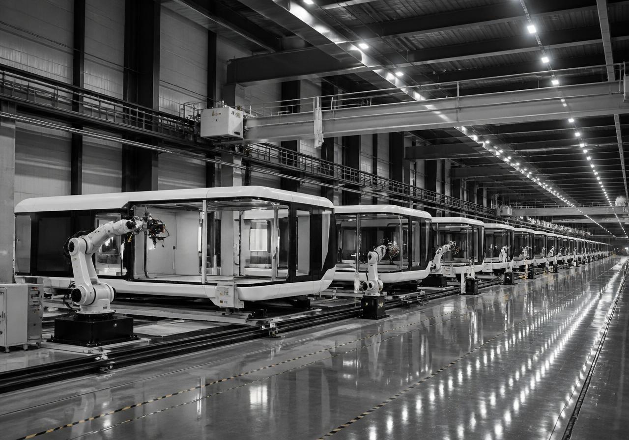 WIKHOMES mega-factory assembly line with robotic arms