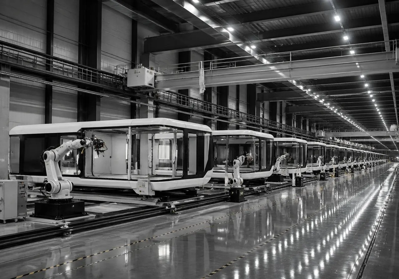 WIKHOMES mega-factory assembly line with robotic arms