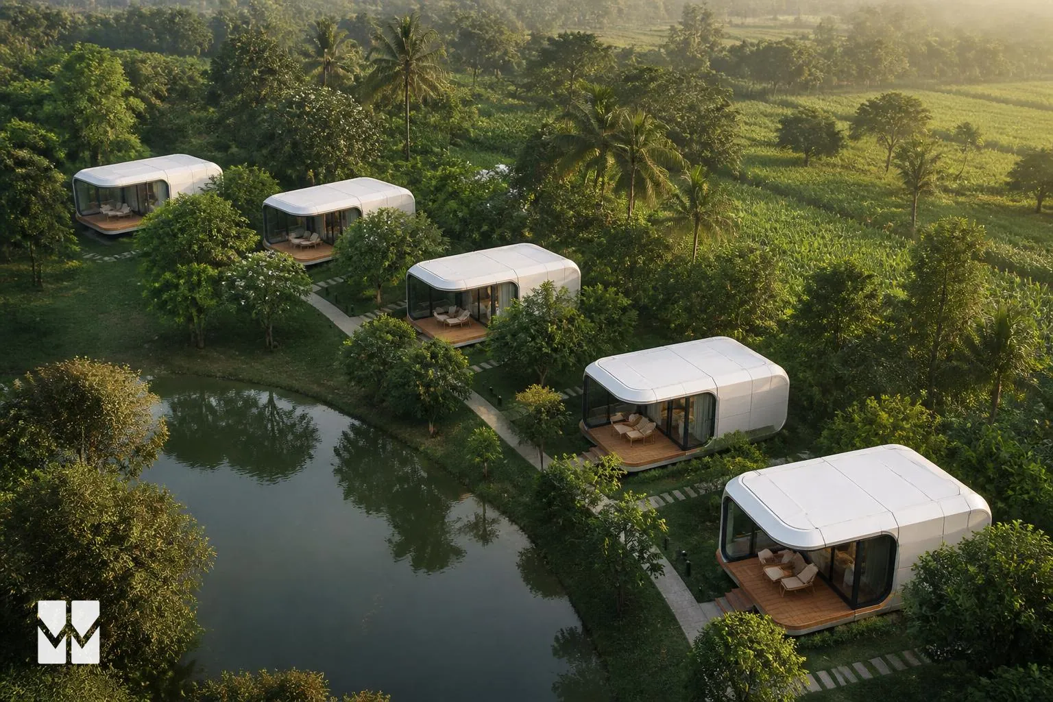 Aerial view of five WIKHOMES pod homes arranged around a lake at a resort