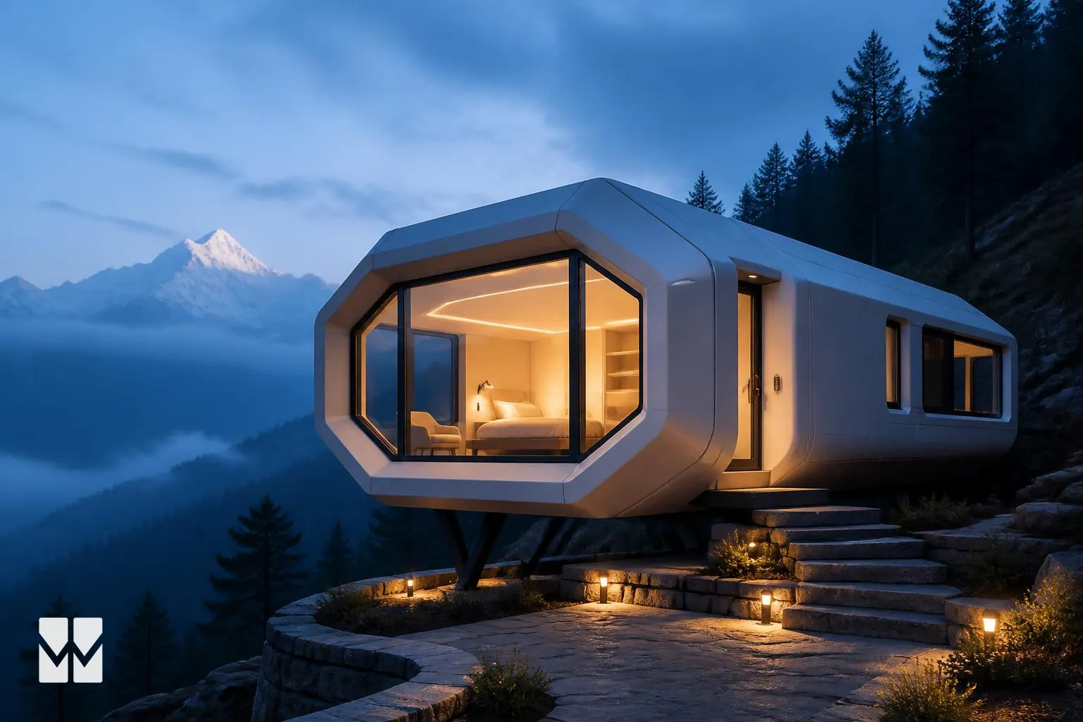 WIKHOMES pod home lit from within on a Himalayan hillside at dusk