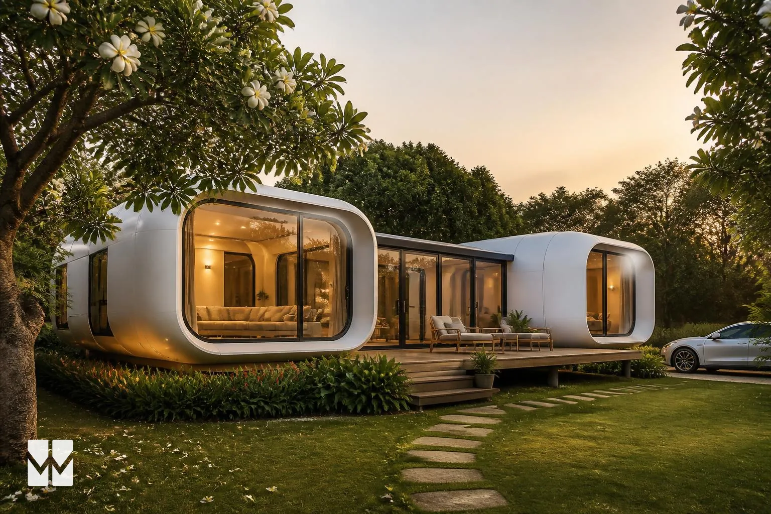 Two WIKHOMES pods joined by a glazed connector forming a family home