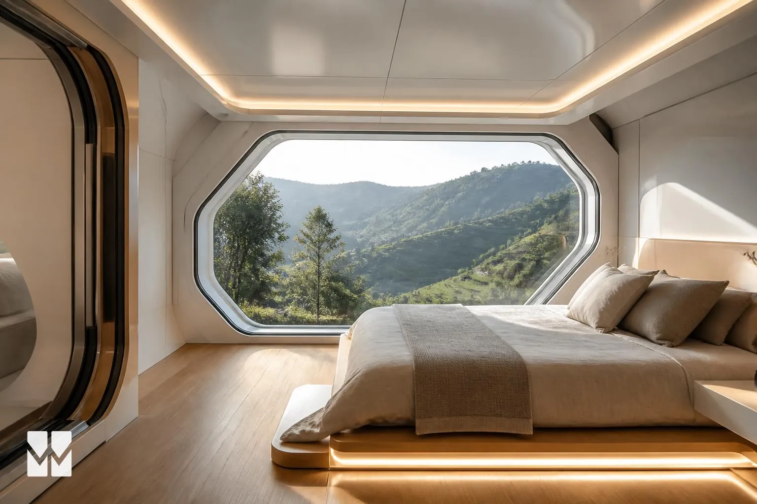 Interior of a WIKHOMES pod home with platform bed and panoramic window