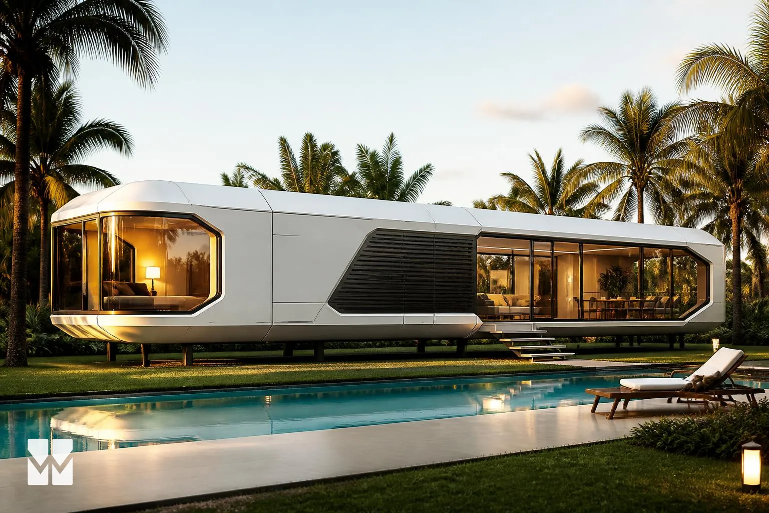 WIKHOMES capsule pod home beside a resort swimming pool at golden hour
