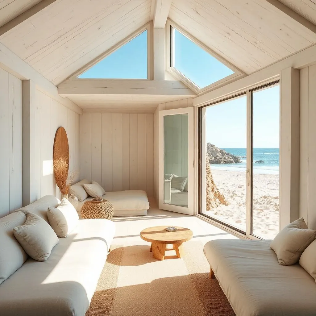 MERIDIAN interior with whitewashed vaulted timber ceiling and ocean view