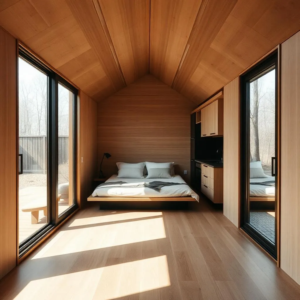 Oak-lined interior of the ODYSSEY pod with integrated kitchenette