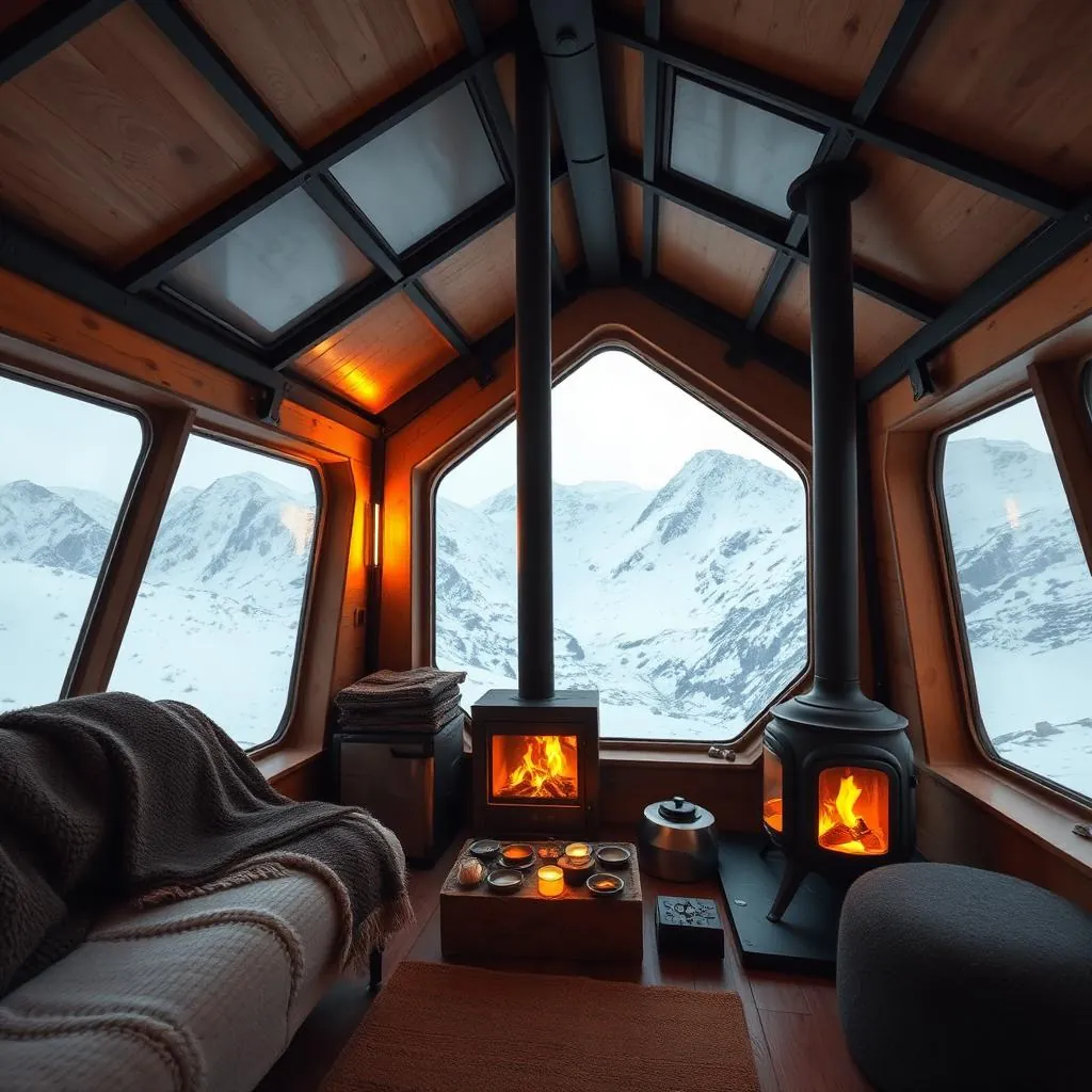 ZENITH interior with cast-iron wood stove and triple-glazed mountain view