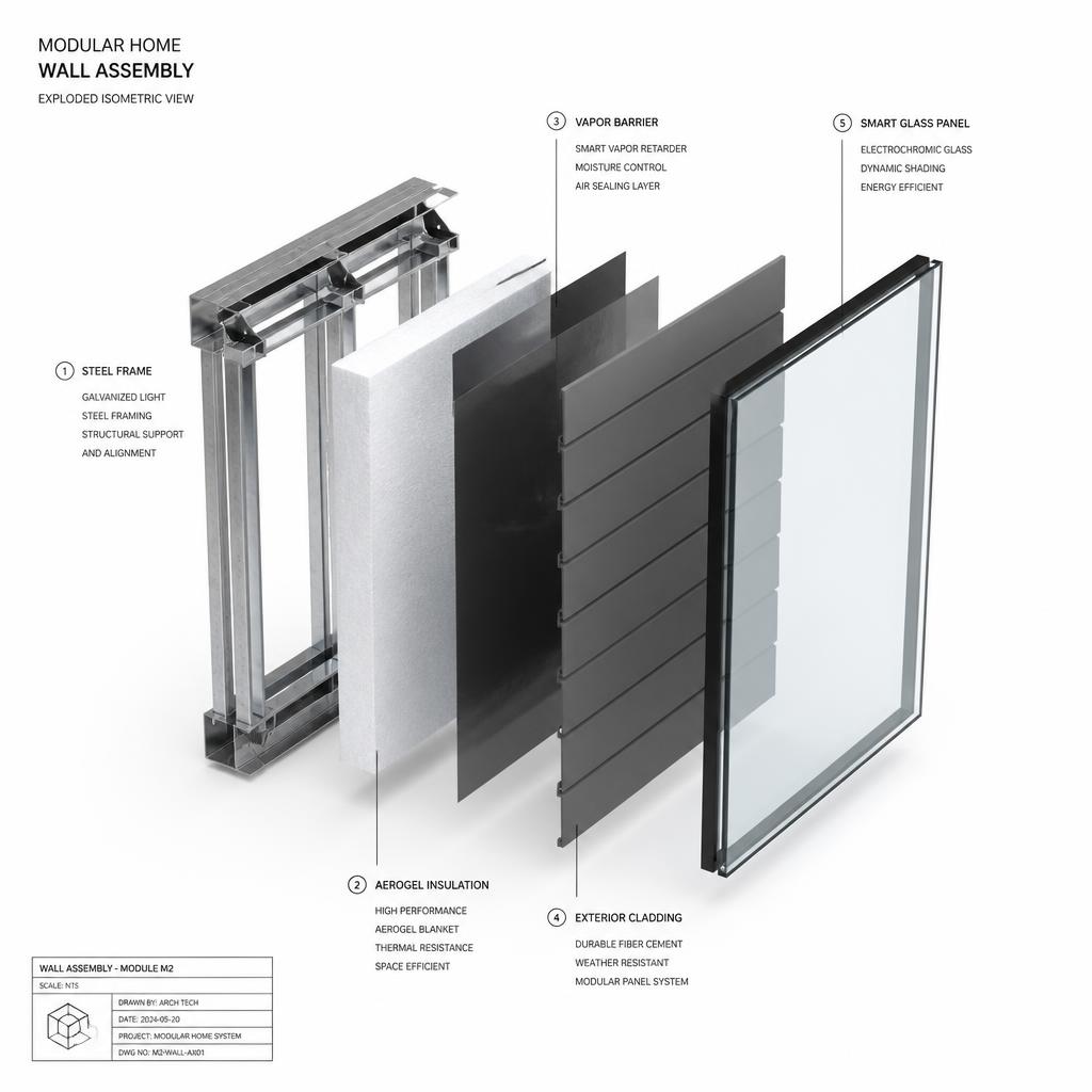 Exploded technical diagram of a WIKHOMES wall assembly