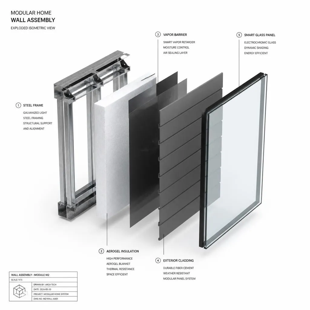 Exploded technical diagram of a WIKHOMES wall assembly